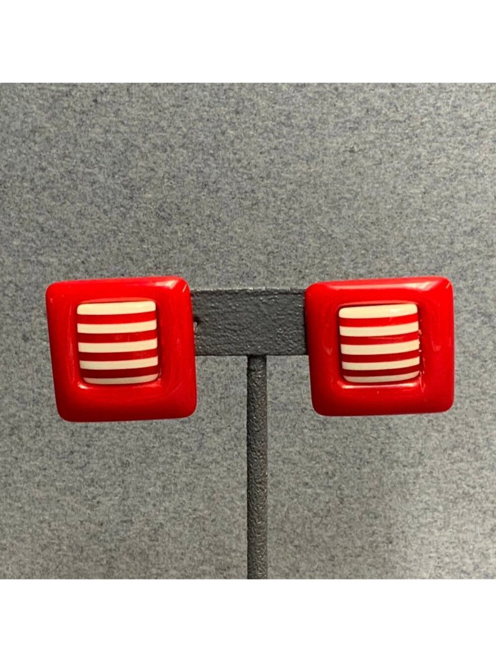 Striped Square Pierced Earrings 1.25 In Retro Red White Nautical Statement Bold